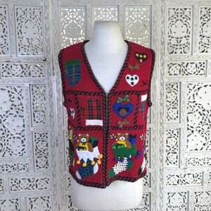 Vtg Granny Christmas Holiday Full Zip Sweater Vest Petite Medium Cottage Retro
